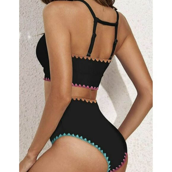 Cupshe XL Black Embroidered High Neck Tankini Bikini Set Bathing Suit NEW - Picture 2 of 6